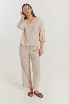 Free bukser_leggiens_shorts Freequent - Lalux bukser, beige og hvid striber - 205829