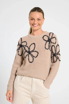 Free trøje_strik_cardigan Freequent - Strik, sand med blomster - 204688